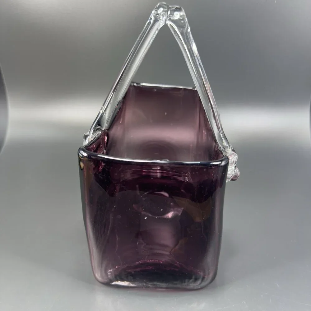 Vintage Amethyst Purple‎ Hand Blown Glass Purse Bowl Dish With Clear Handles VTG